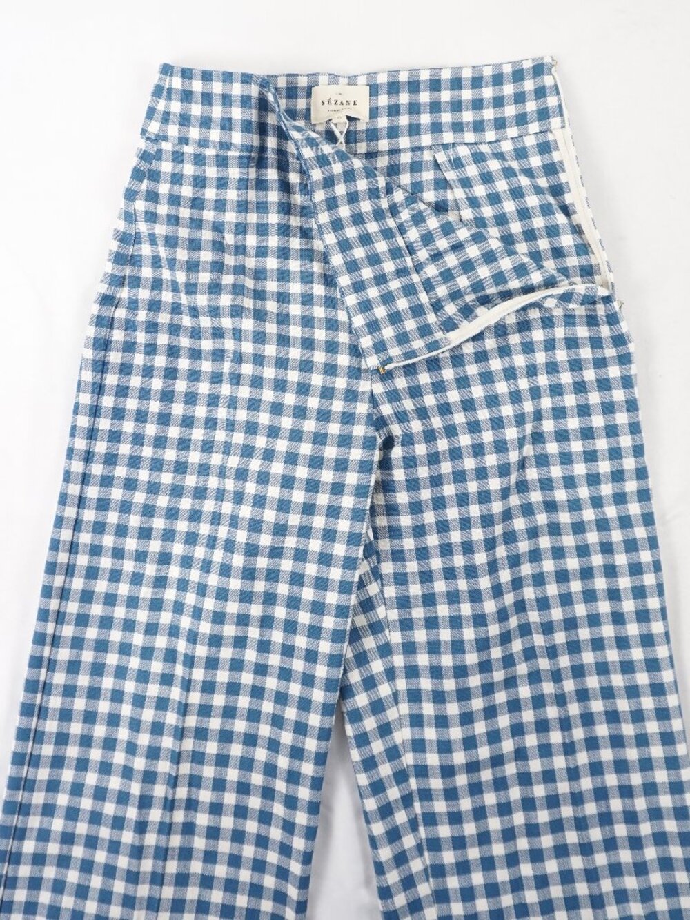 Sezane Jocelyn Blue & White Gingham Wide-Leg Trousers - Picture 4 of 12
